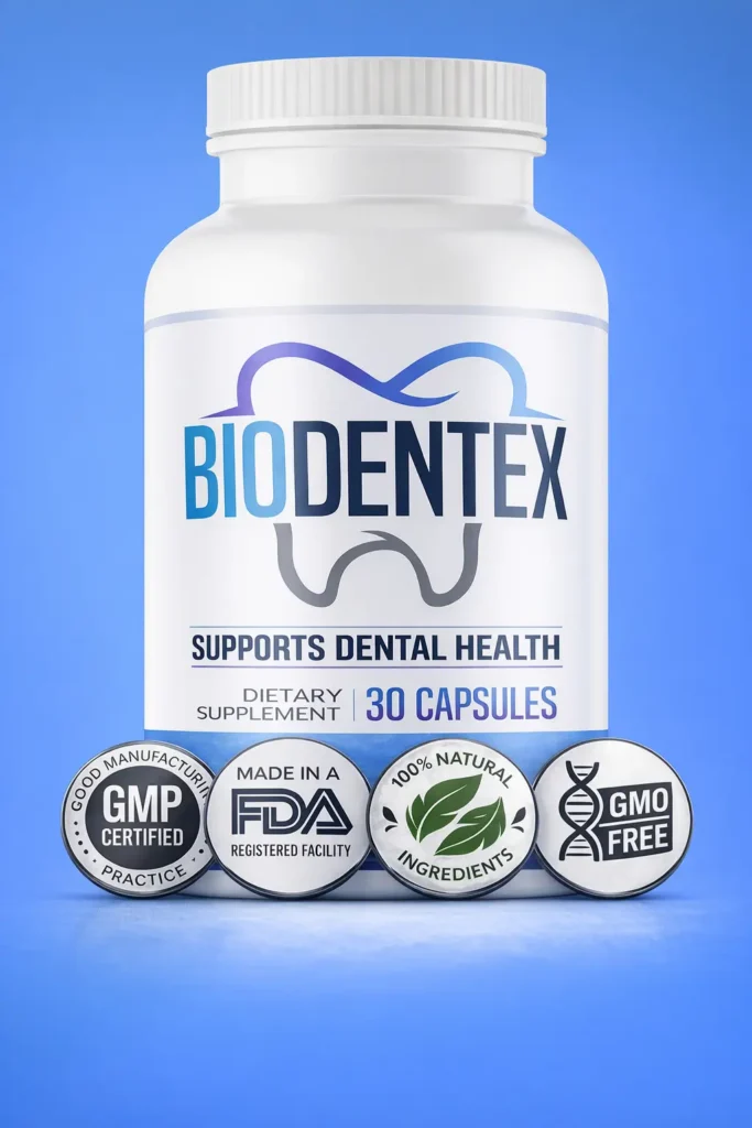 BioDentex dental health supplement bottle with quality certification seals