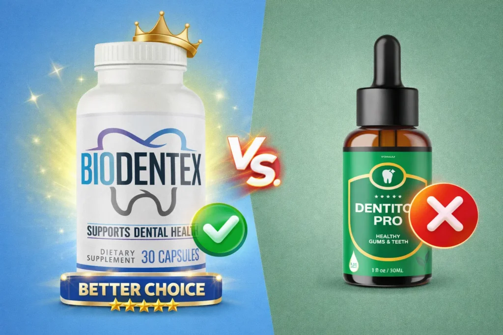 Comparison image showing BioDentex versus Dentitox Pro dental supplements