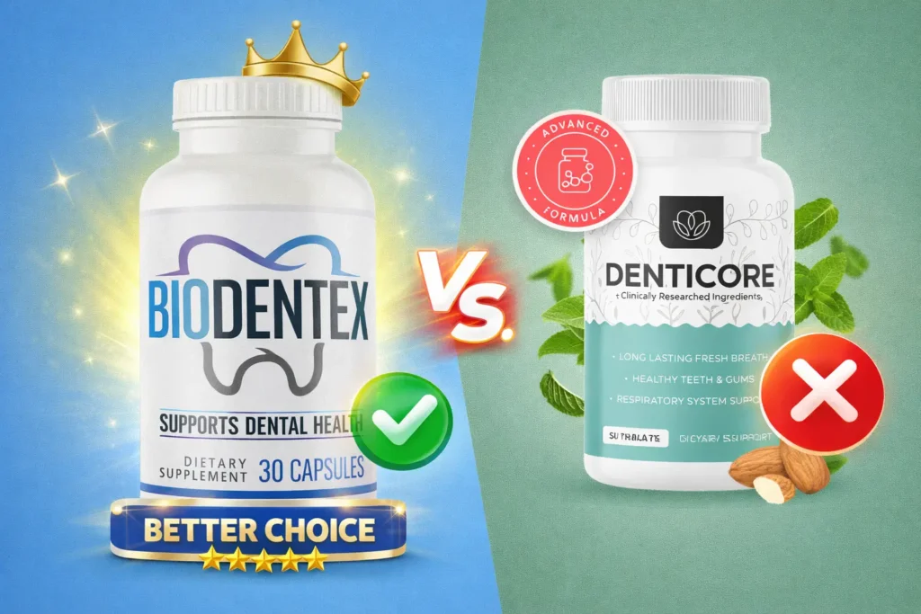 Comparison image showing BioDentex versus DentiCore dental supplements