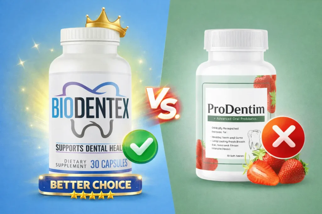 Comparison image showing BioDentex versus ProDentim dental supplements