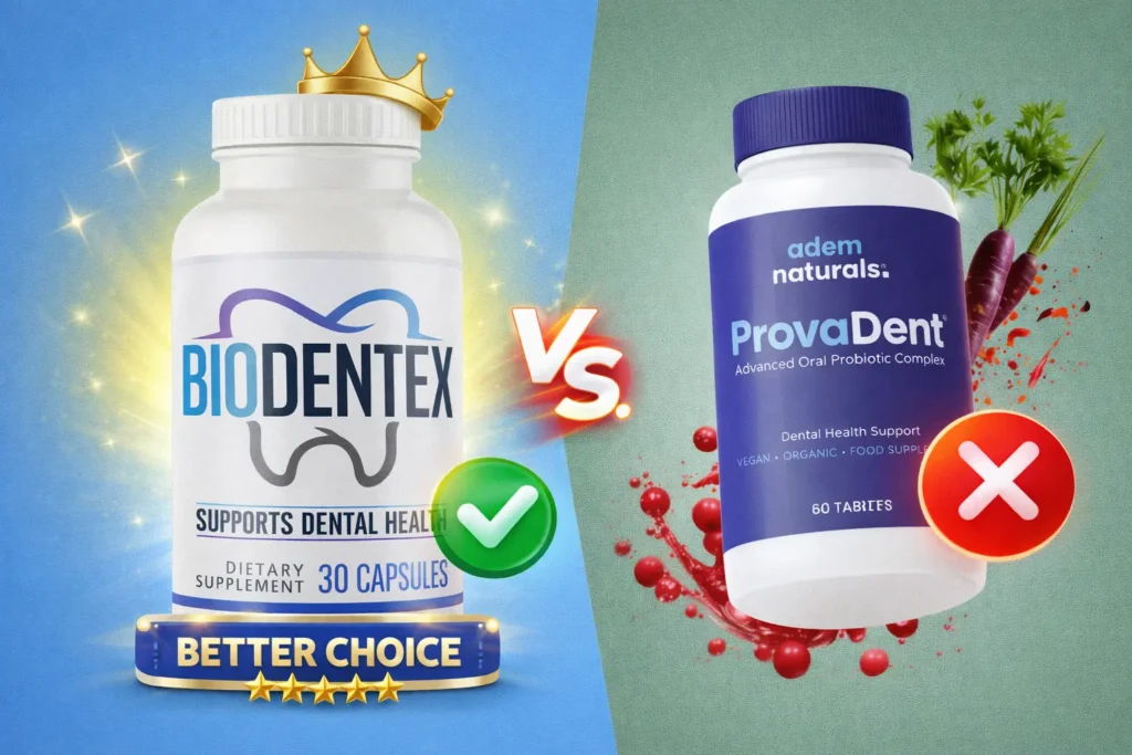 Comparison image showing BioDentex versus ProvaDent dental supplements