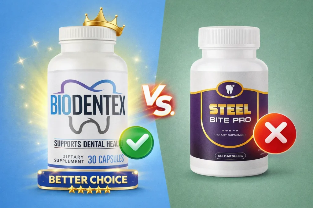 Comparison image showing BioDentex versus Steel Bite Pro dental supplements