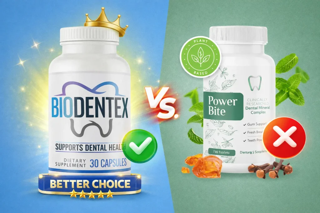 Comparison image showing BioDentex versus PowerBite dental supplements